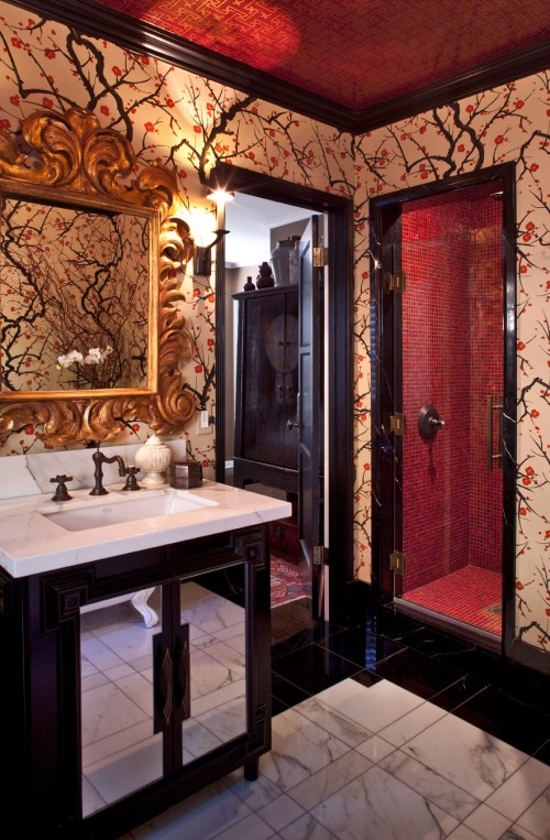 By Elizabeth Gordon Red Shower In Combo With Cherry Blossom Wall