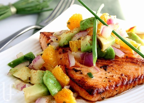 Citrus glazed salmon with avocado salsaApplePins.com